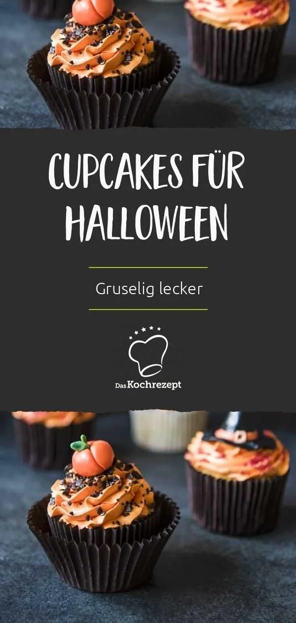 Gruselige Halloween Cupcakes mit Dekorationen für Halloweenfeier