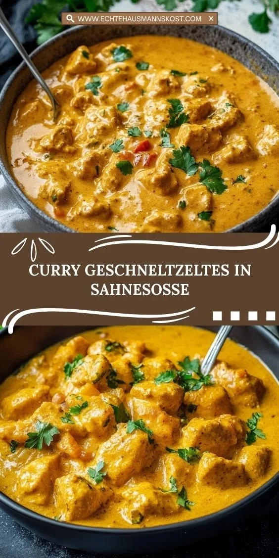 Curry Geschneltzeltes in Sahnesoße serviert auf einem Teller.