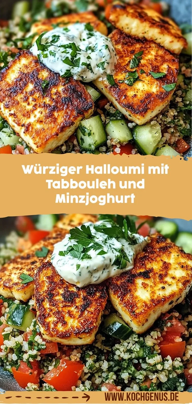 Würziger Halloumi mit Tabbouleh und Minzjoghurt auf einem Teller.