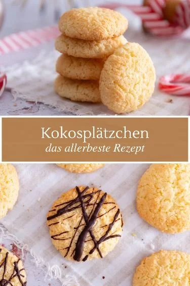 Leckere Kokosplätzchen auf einem Holzbrett dekoriert mit Kokosraspeln.