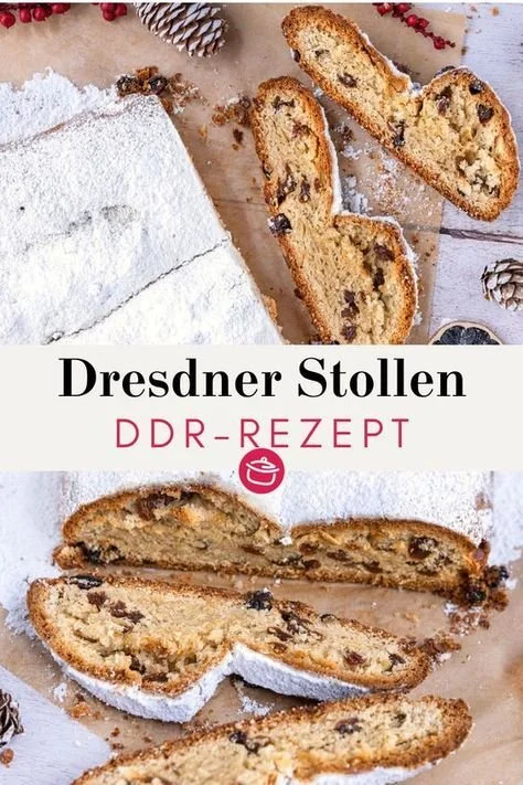 Traditioneller Dresdner Stollen aus einem DDR-Rezept mit Früchten und Nüssen