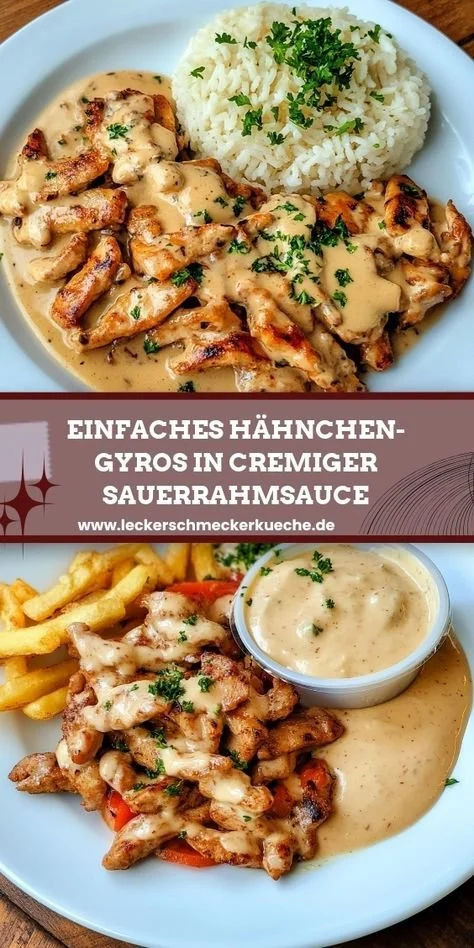 Ein Teller mit Hähnchen-Gyros in cremiger Sauerrahmsauce