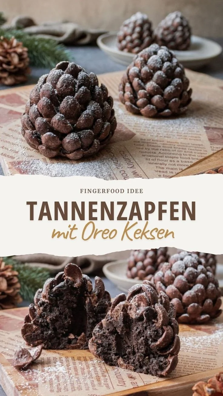 Essbare Tannenzapfen mit Oreo Keksen auf einem Teller dekoriert
