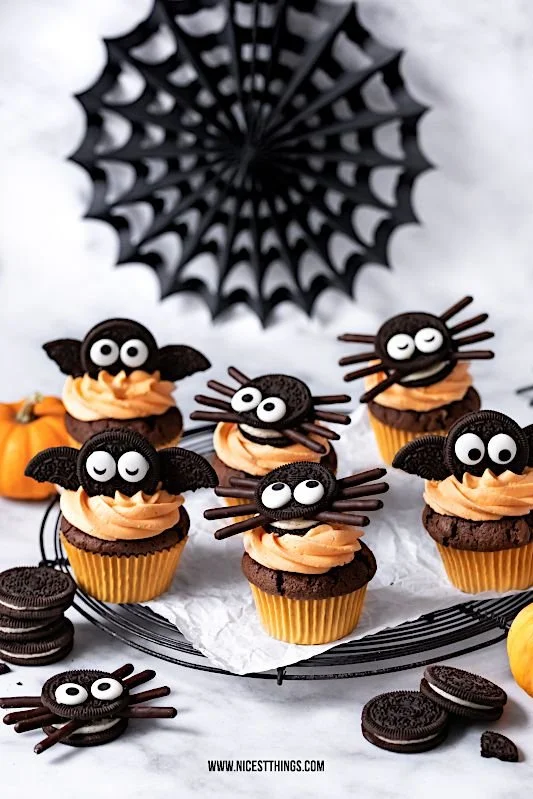 Leckere Oreo Cupcakes dekoriert für Halloween mit Spinnen und Fledermaus-Motiven