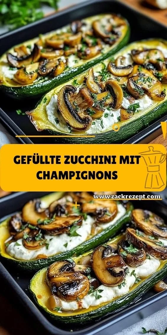 Gefüllte Zucchini mit Champignons auf einem Teller, appetitlich angerichtet.