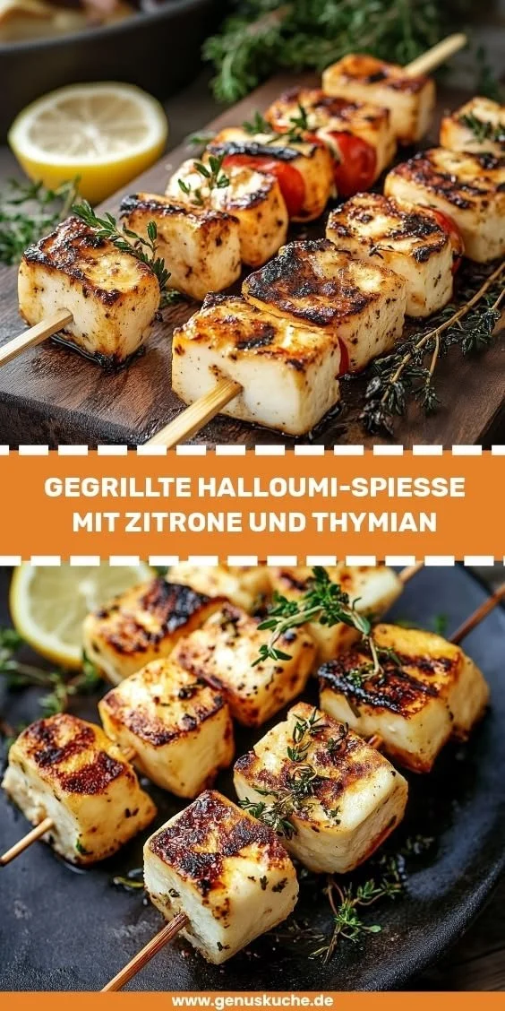 Gegrillte Halloumi-Spieße mit Zitrone und Thymian auf dem Grill