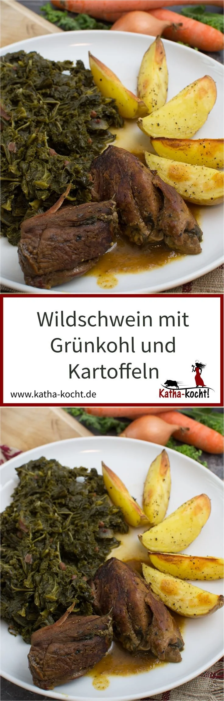 Geschmortes Wildschwein mit Grünkohl und Kartoffeln auf einem Teller