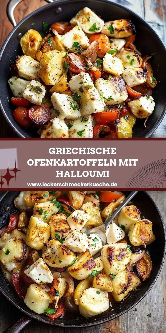 Griechische Ofenkartoffeln mit Halloumi auf einem Teller angerichtet