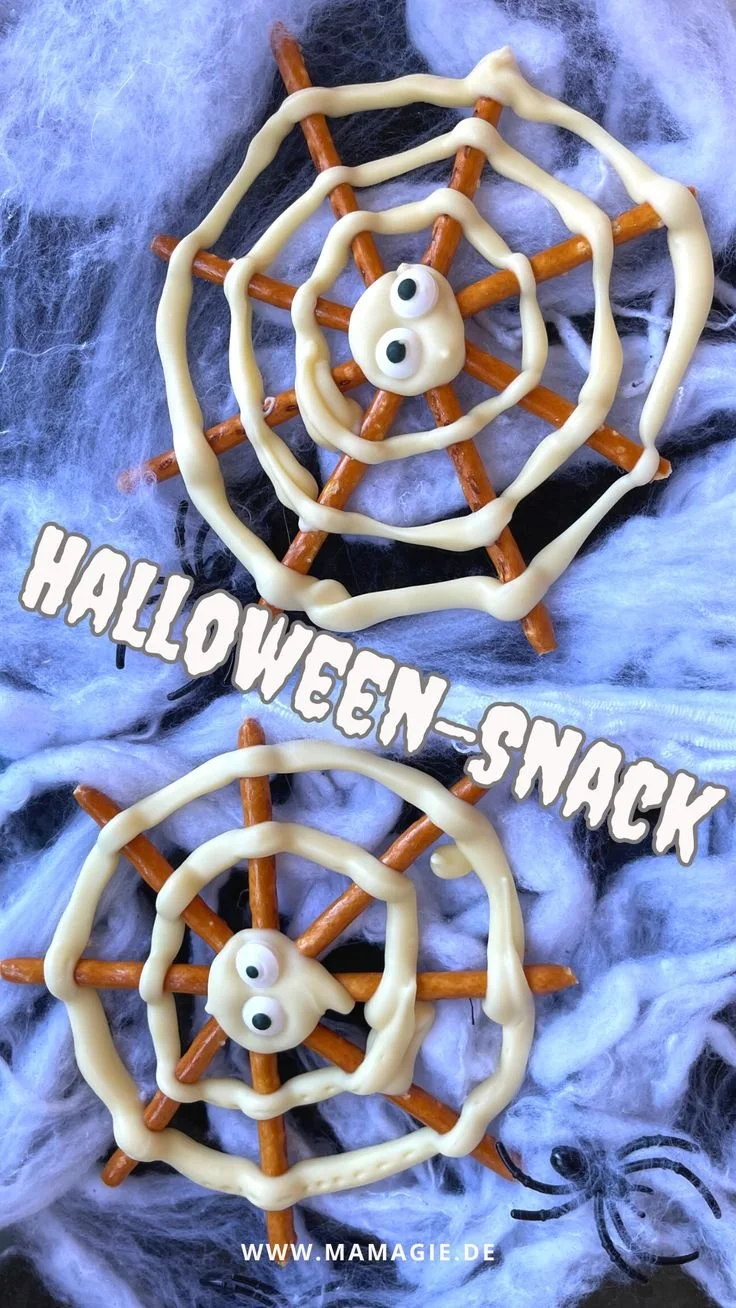 Essbare Spinnennetze als Halloween-Snack serviert auf einem Teller.