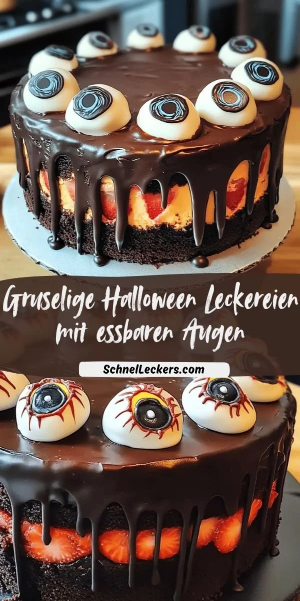 Gruselige Halloween-Leckereien mit essbaren Augen auf einem Tisch.