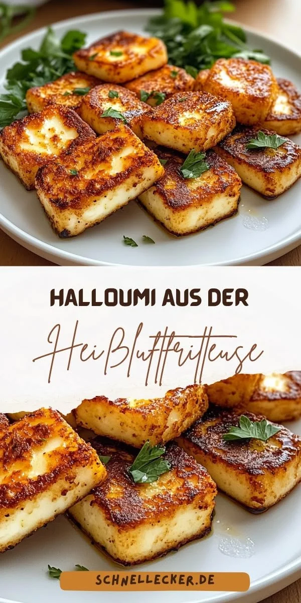 Knusprig zubereiteter Halloumi aus der Heißluftfritteuse auf einem Teller