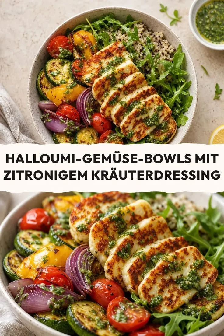 Leckere Halloumi-Bowls mit Gemüse und Kräuterdressing, ideal zum Meal Prep.