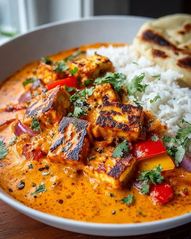Leckeres Halloumi Tikka Masala Gericht auf einem Teller serviert