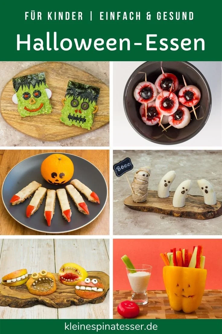 Gesunde Halloween-Essen für Kinder auf einem Tisch angerichtet.