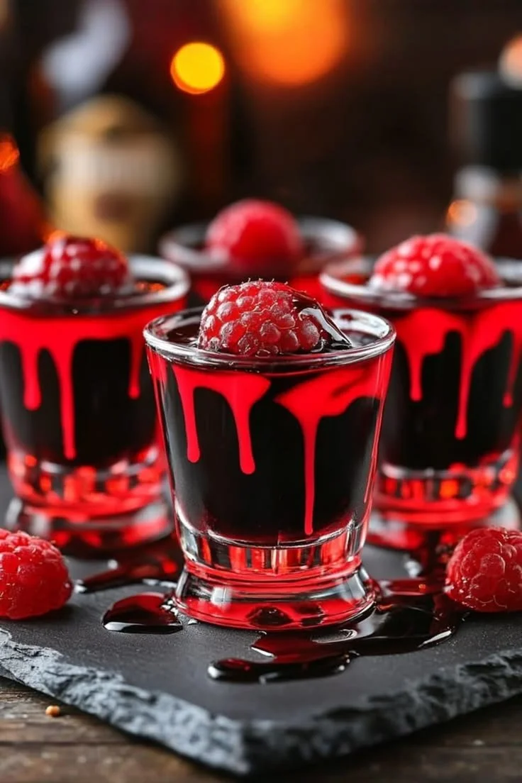 Kalte cremige Vampire Venom Shots in stilvollen Gläsern serviert