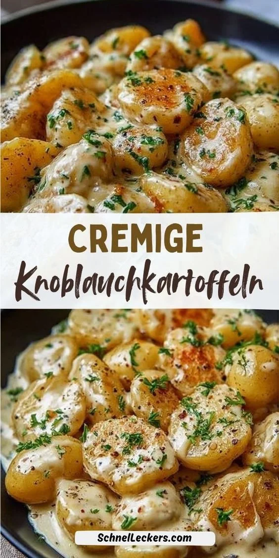 Kartoffeln mit cremiger Knoblauchsoße auf einem Teller serviert.