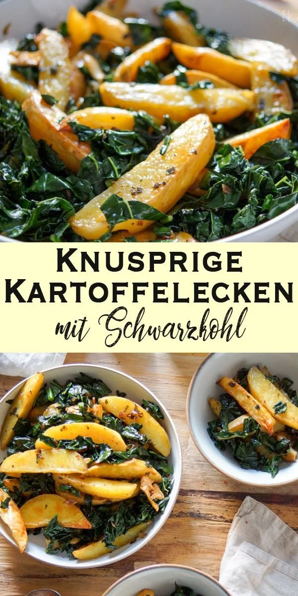 Knusprige Kartoffelecken mit Schwarzkohl auf einem Teller, servierfertig.