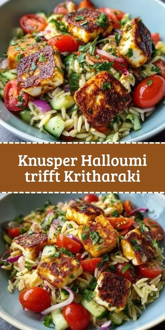 Knuspriger Kritharaki Salat mit Halloumi Croutons auf einem Teller.