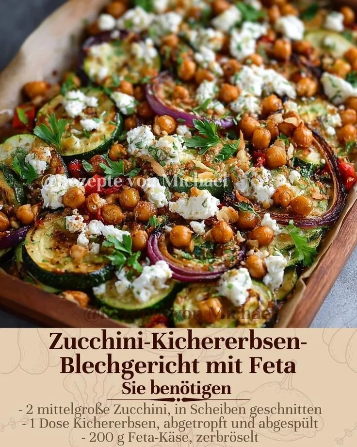 Zucchini-Kichererbsen-Blechgericht mit Feta auf einem Backblech