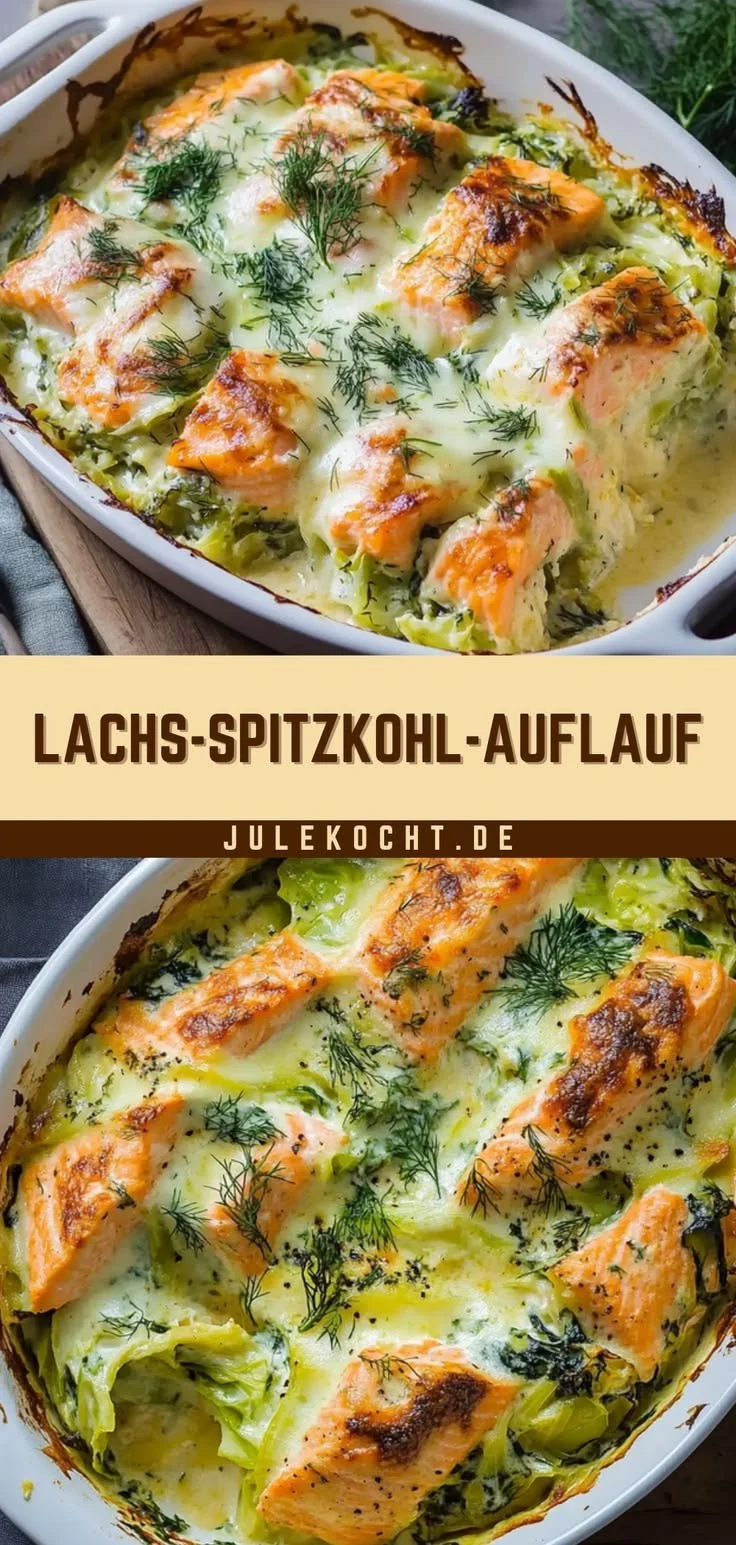 Lachs-Spitzkohl-Auflauf auf einem Teller, serviert mit frischem Gemüse.