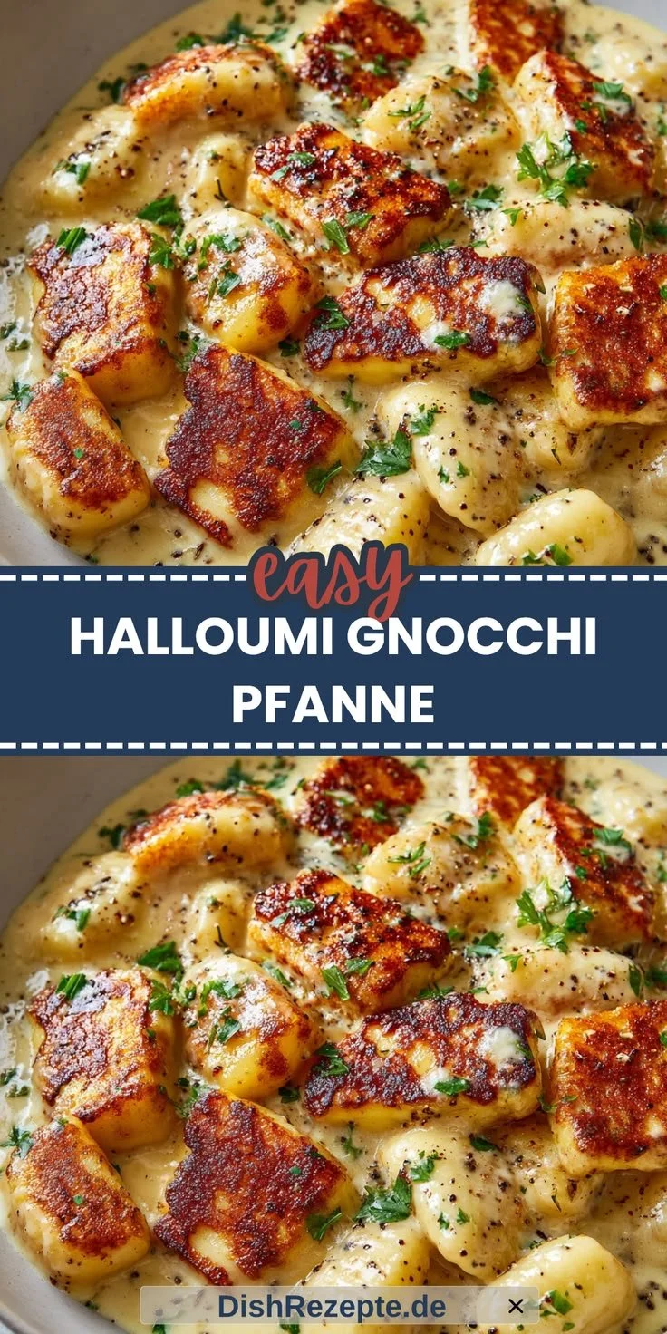 Leckere Halloumi-Gnocchi-Pfanne mit knusprigem Käse auf einem Teller.