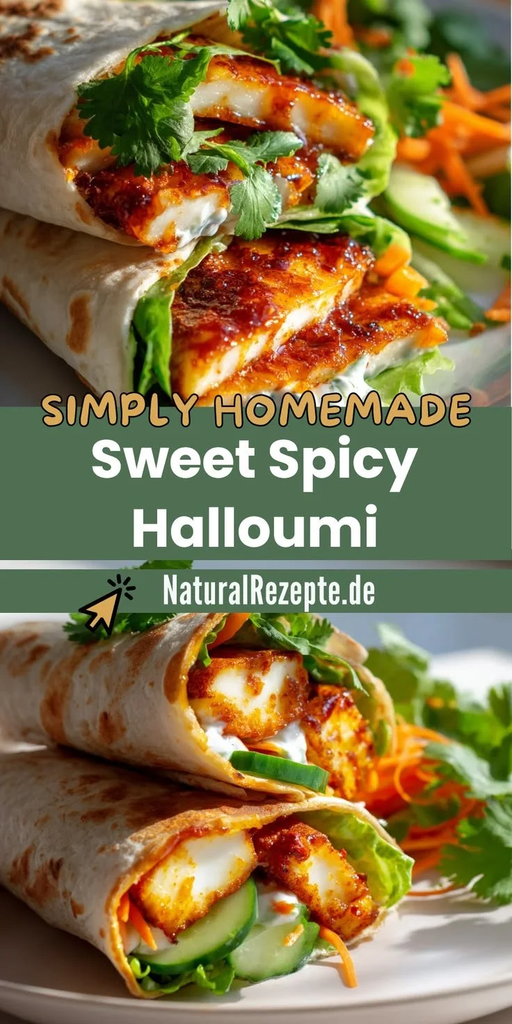Süß-scharfer Halloumi Wrap auf einem Teller serviert
