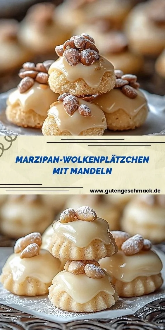 Marzipan-Wolkenplätzchen mit Mandeln auf einem schönen Teller dekoriert