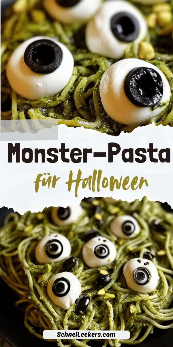 Halloween Monster-Pasta mit grünen Spaghetti und gruseligen Augen