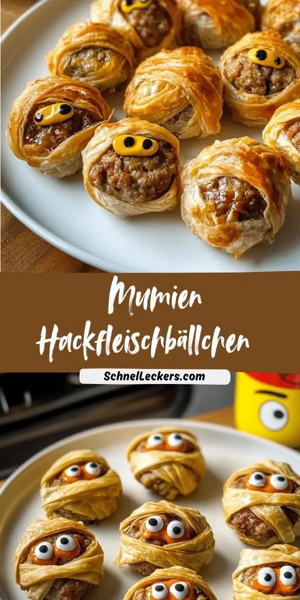 Gruselige Mumien Hackfleischbällchen auf einem Teller für Halloween.