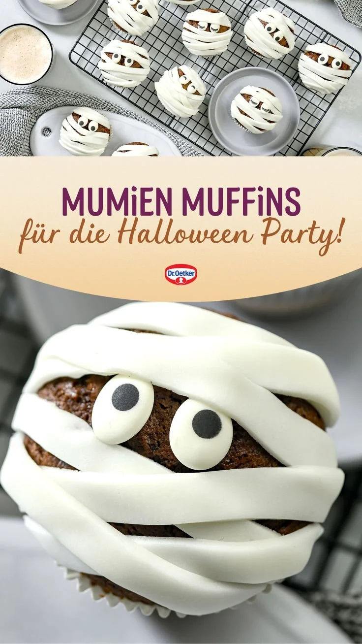 Mumien Muffins für Halloween mit gruseliger Dekoration