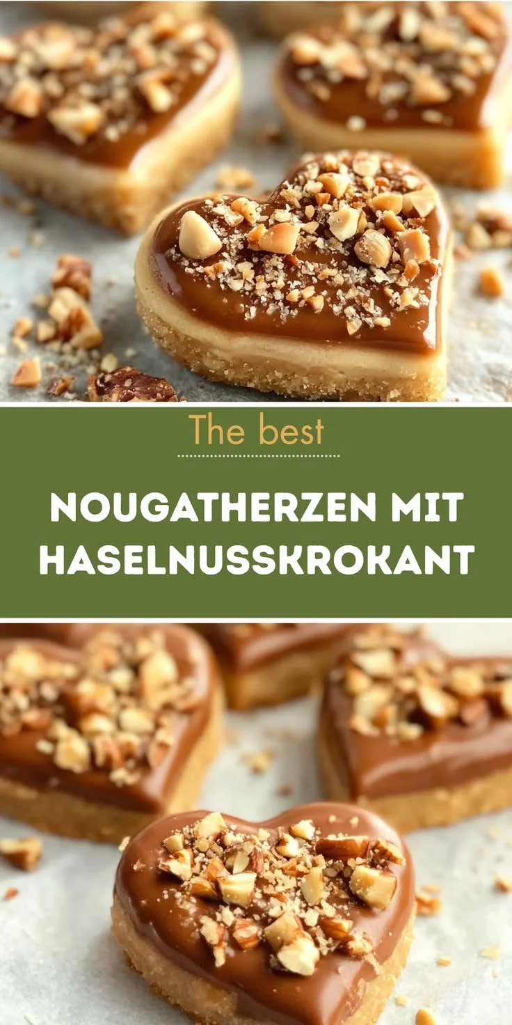 Delikate Nougatherzen mit Haselnusskrokant auf einem Teller.