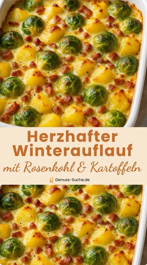 Rosenkohlauflauf mit Kartoffeln und Speck auf einem Teller angerichtet