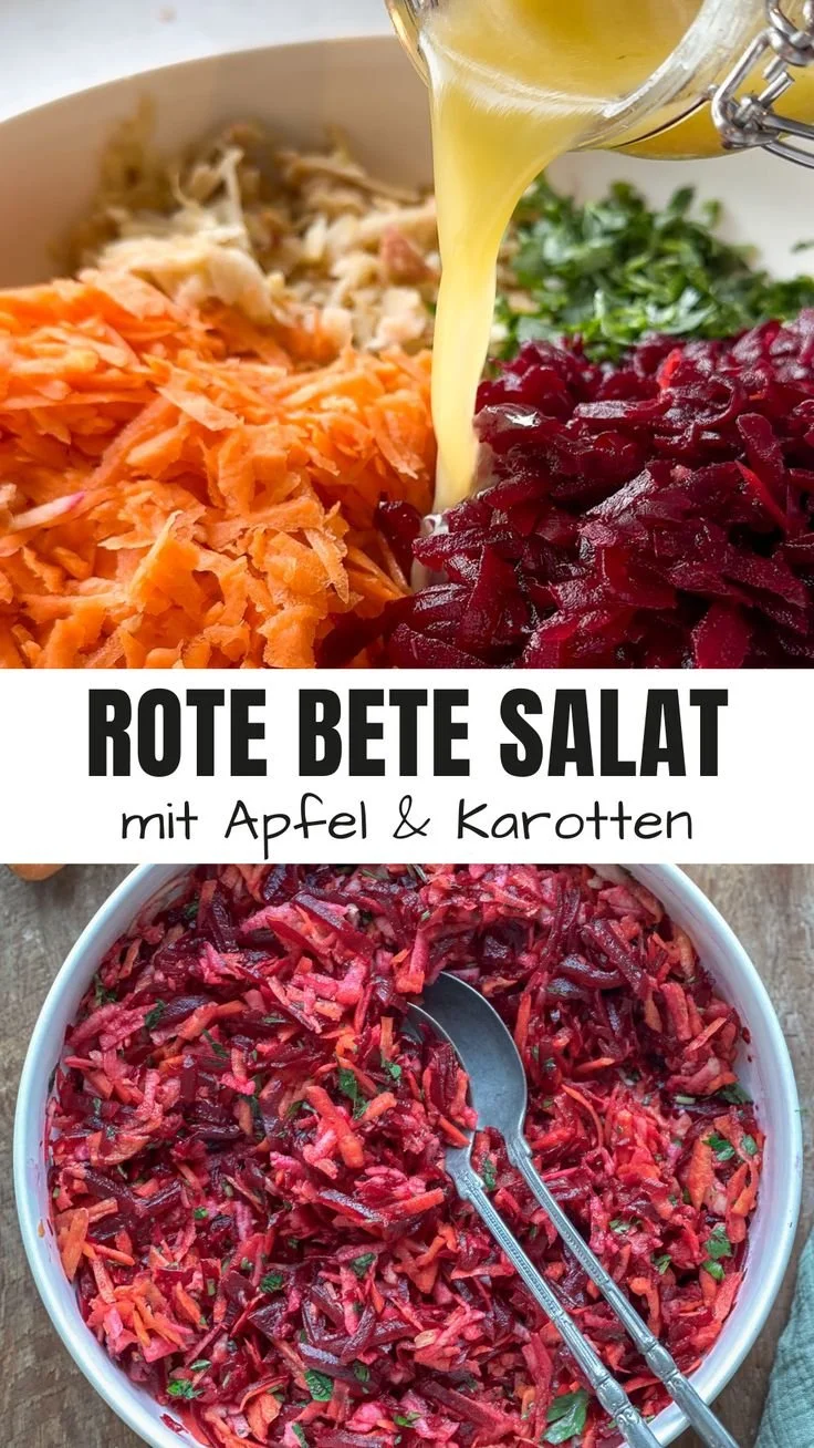 Rote Bete Salat mit Apfel, gesund und vegan, serviert in einer Schüssel.