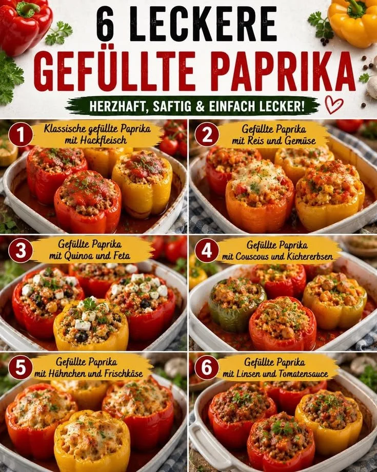 Verschiedene gefüllte Paprika Rezepte mit Hackfleisch und Reis auf einem Teller