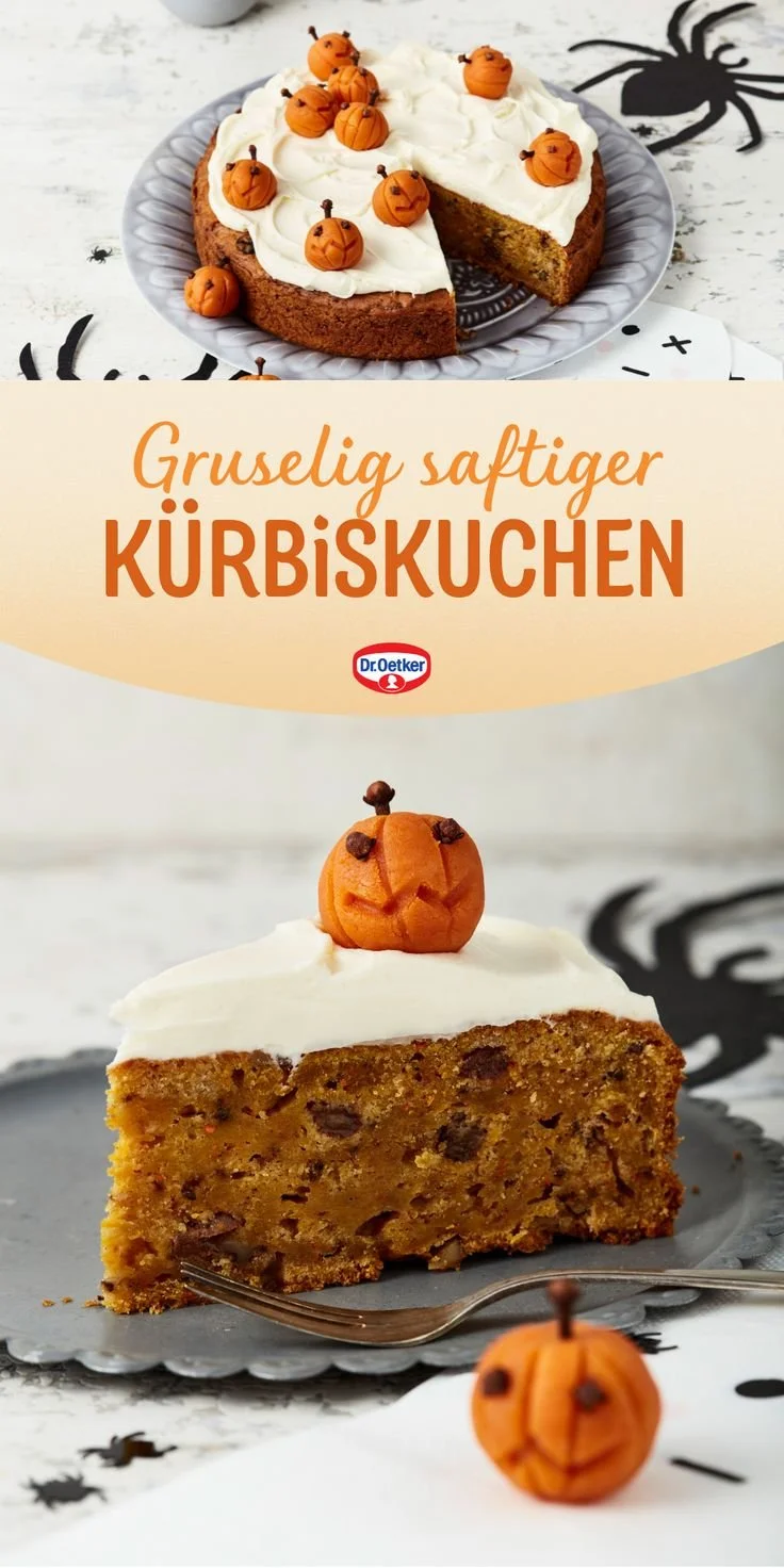 Saftiger Kürbiskuchen mit Frischkäsetopping und Halloween Deko
