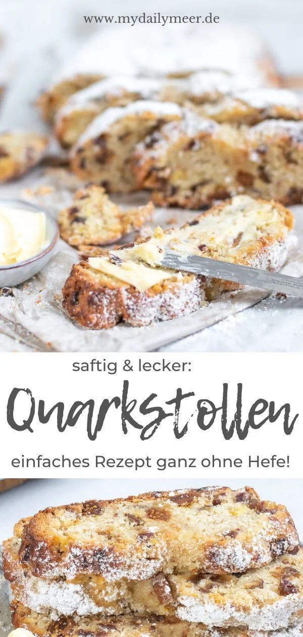 Ein saftiger Quarkstollen auf einem Holzbrett, bereit zum Servieren.