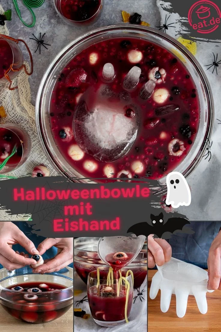 Schaurige Halloweenbowle mit Eishand für die perfekte Halloween-Party