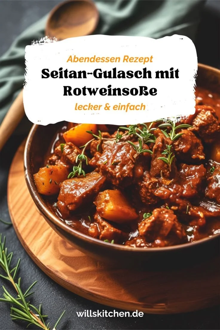 Seitan-Gulasch in Rotweinsoße auf einem Teller angerichtet