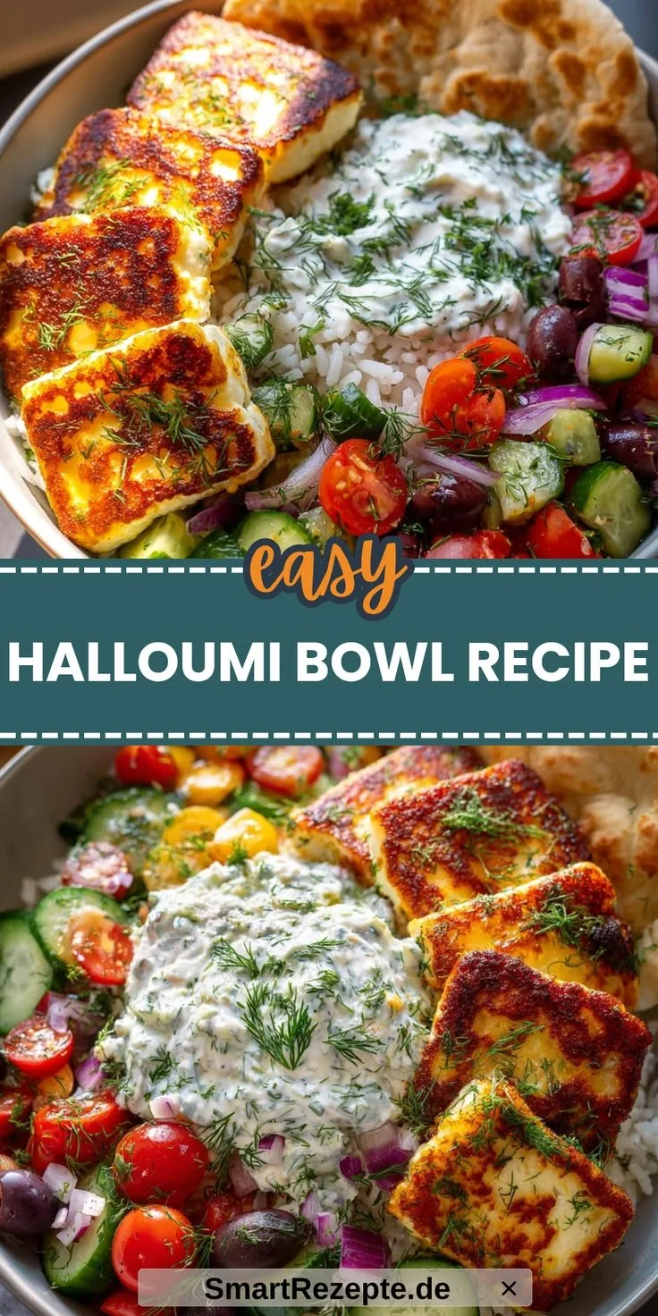 Halloumi Bowl mit Reis und frischen Gemüse Zutaten