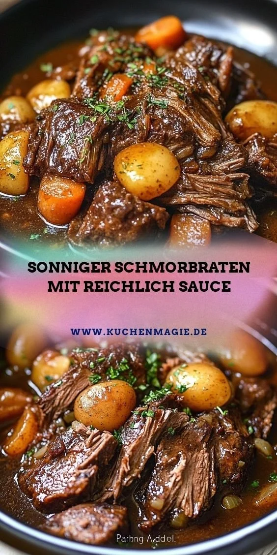 Sonniger Schmorbraten mit reichlich Sauce auf einem Teller angerichtet.