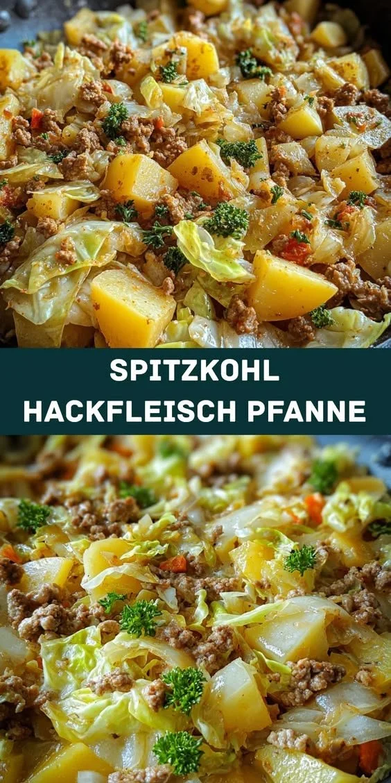 Leckere Spitzkohl-Kartoffel-Pfanne mit Hackfleisch auf einem Teller serviert.