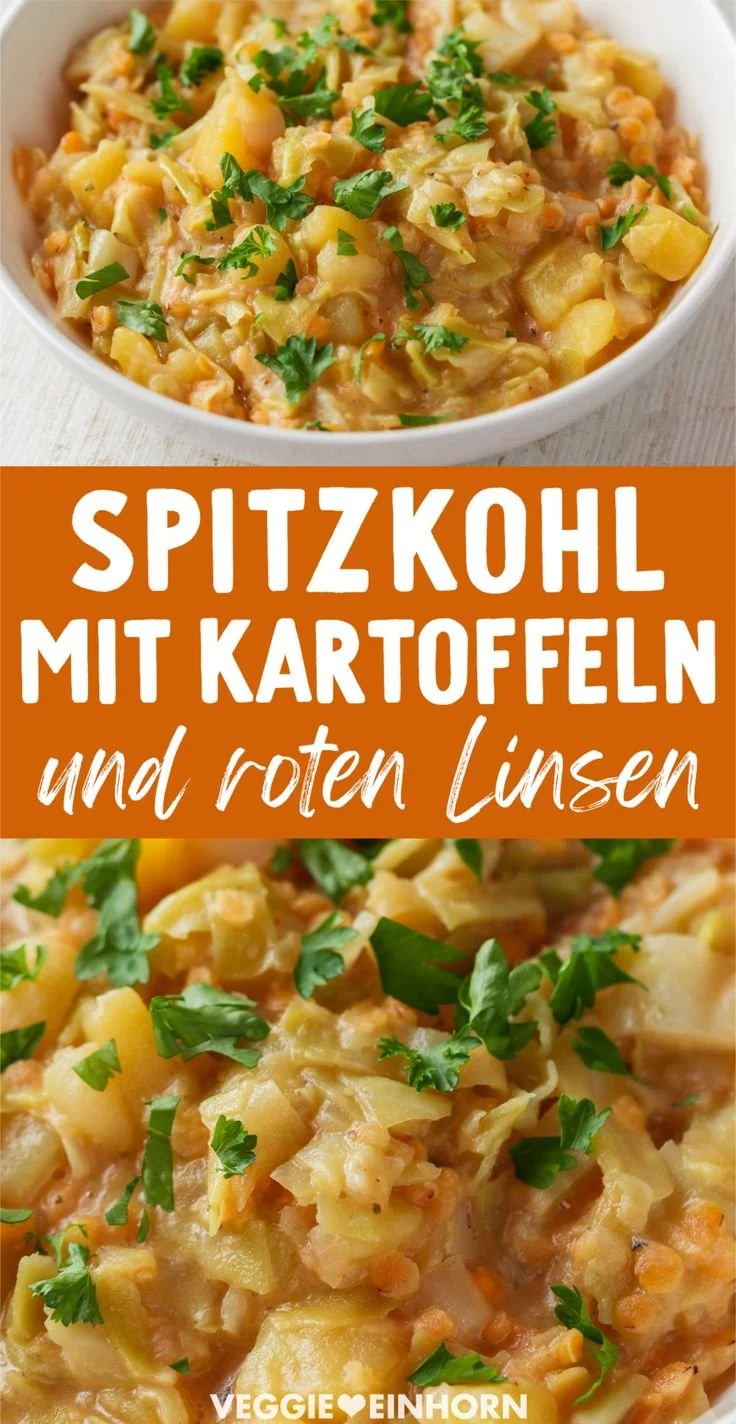 Vegetarisches Spitzkohl Rezept mit Kartoffeln und roten Linsen auf einem Teller
