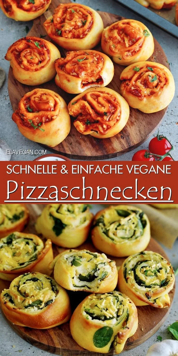 Vegane Pizzaschnecken auf einem Teller, ideal für Partys und Snacks.