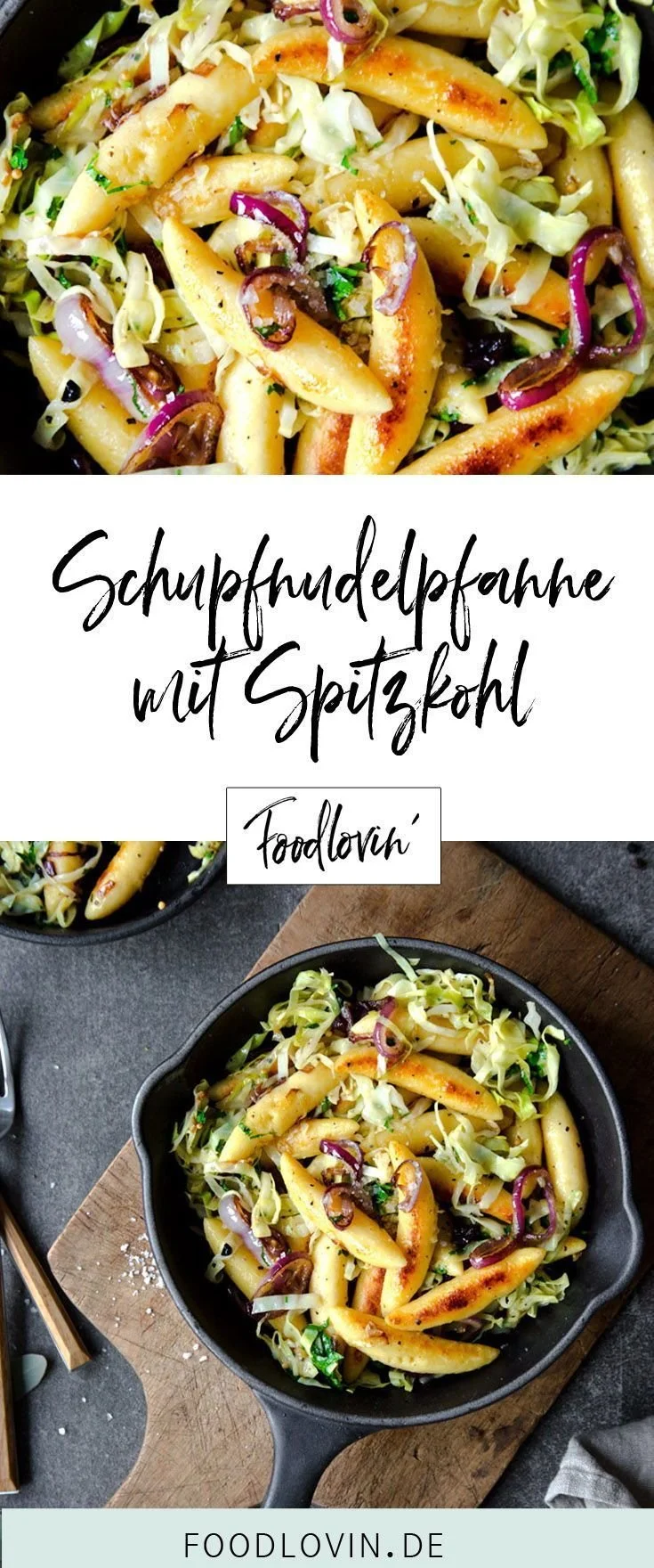 Vegetarische Schupfnudelpfanne mit Spitzkohl in einer Pfanne serviert