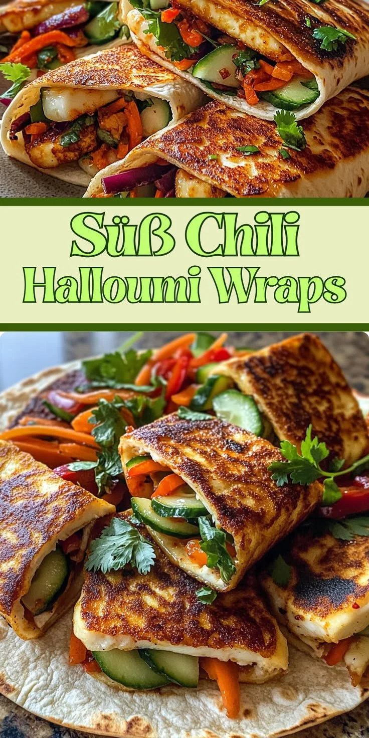 Vegetarische Süß-Chili-Halloumi-Wraps auf einem Teller serviert.