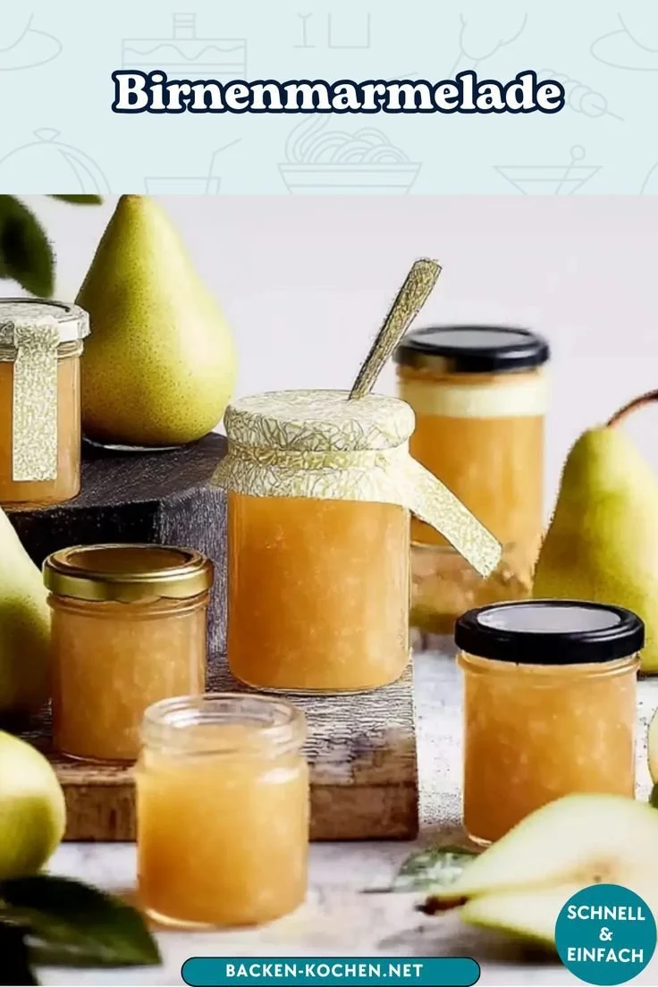 Weihnachtliche Birnenmarmelade in einem dekorativen Glas, ideal zum Verschenken