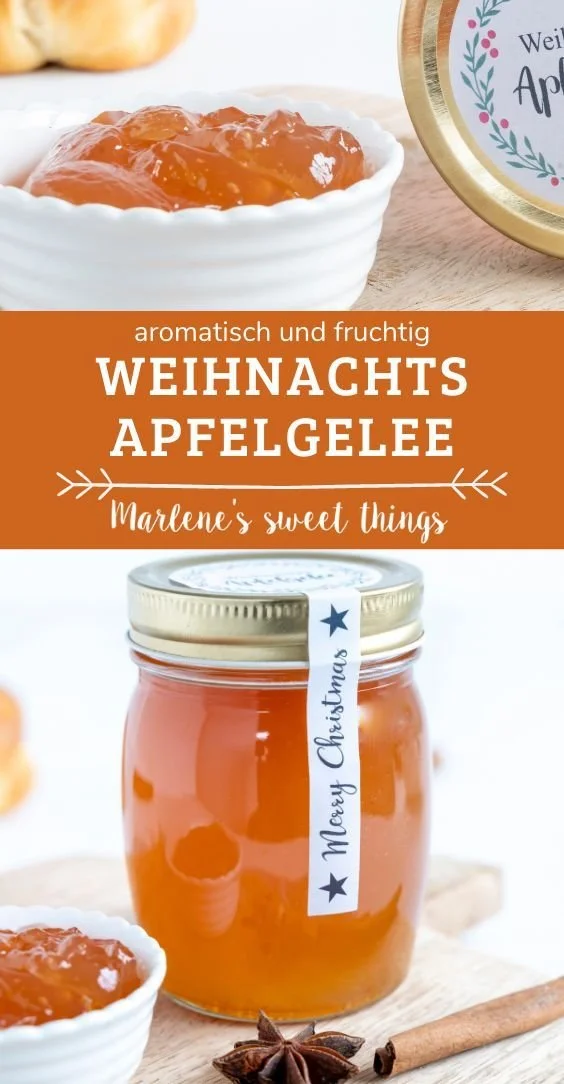Hausgemachtes Weihnachts-Apfelgelee in einem dekorativen Glas als Geschenk