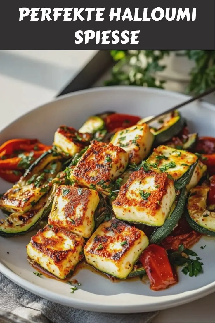 Leckere Halloumi Spießen mit verschiedenen Zutaten für ein Grillfest