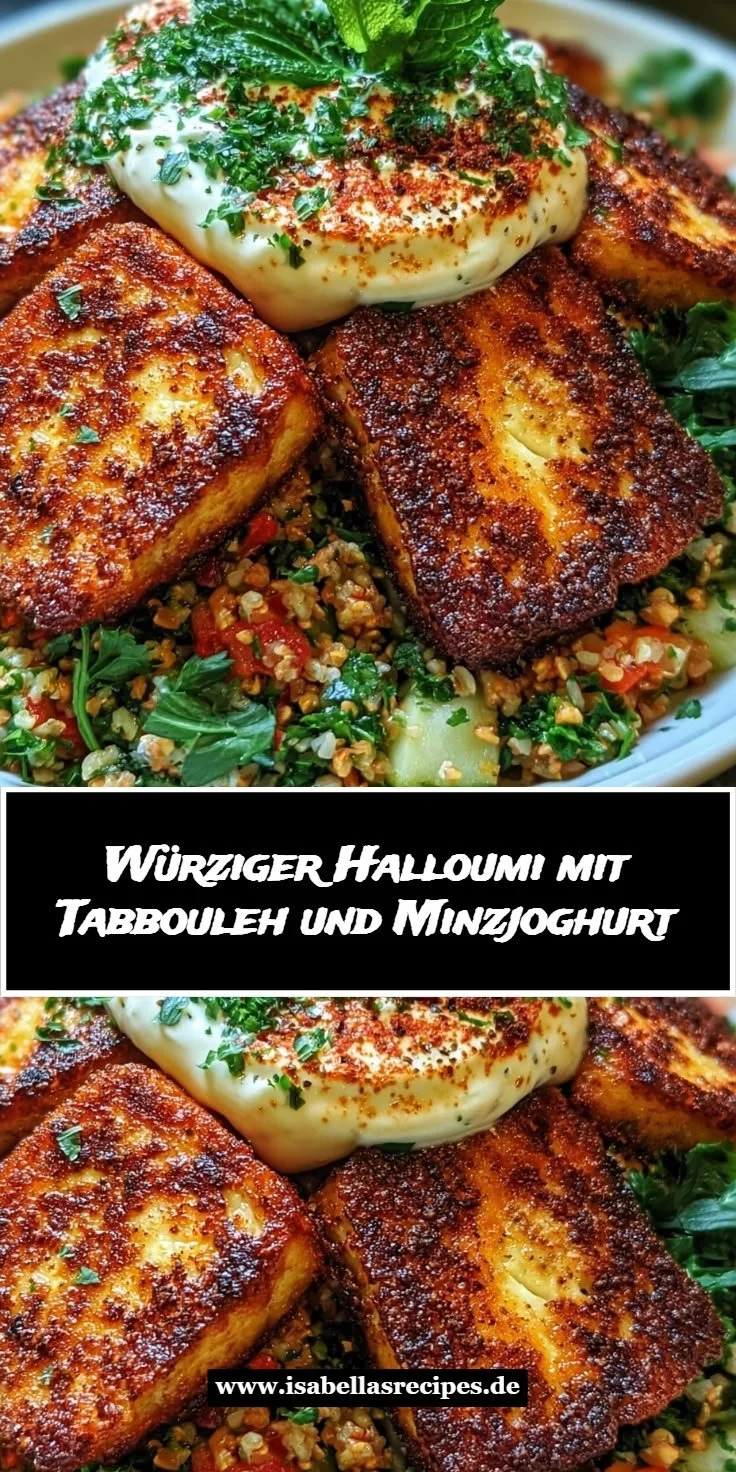 Würziger Halloumi mit Tabbouleh und erfrischendem Minzjoghurt auf einem Teller