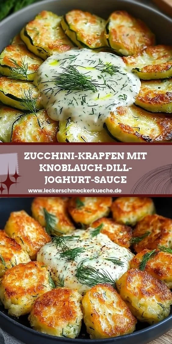 Zucchini-Krapfen mit Knoblauch-Dill-Joghurt-Sauce auf einem Teller serviert.